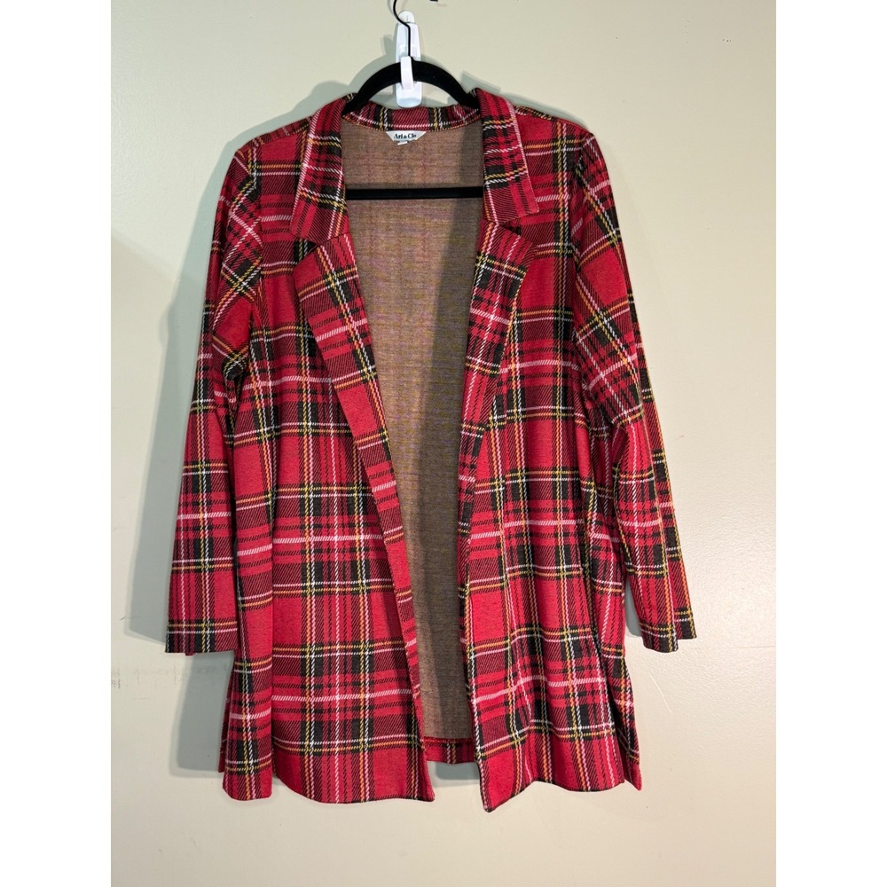 Ari & Clo Red Plaid Open Front Cardigan Blazer Jacket 1X PLT4685AXNL1